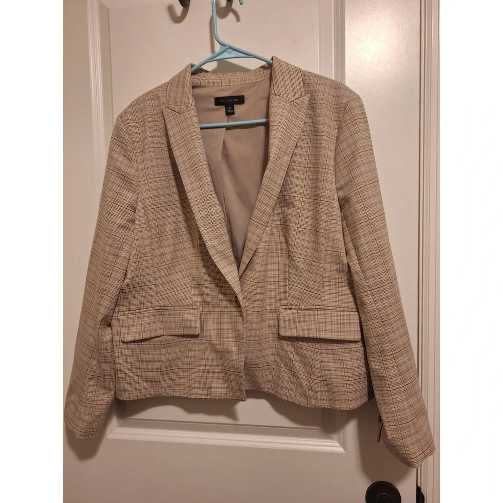 Ann Taylor Womens 16P Petite Plaid Blazer Tan Blue Single Button Workwear Jacket